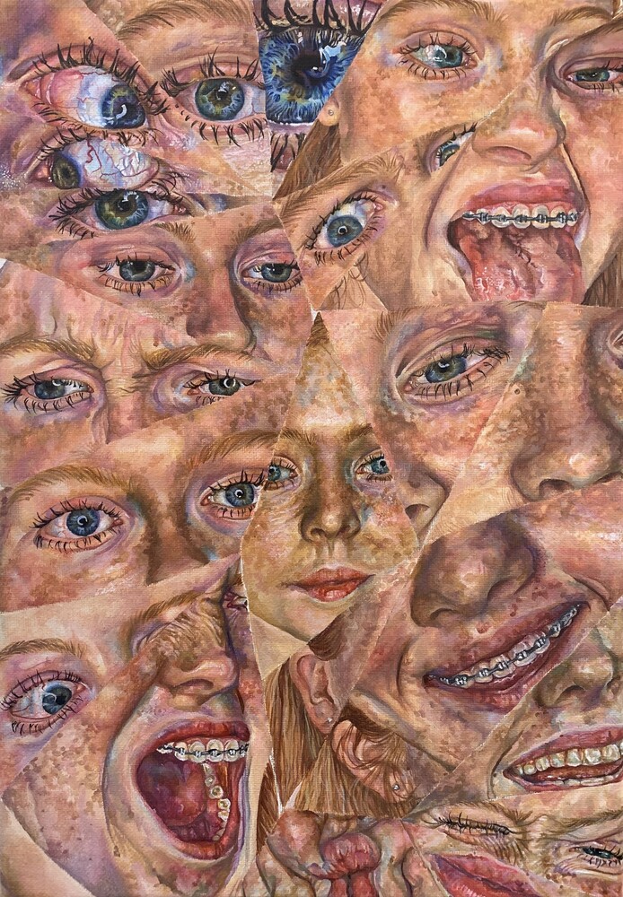 A collection of portrait paintings together in a collage in acrylic paint 