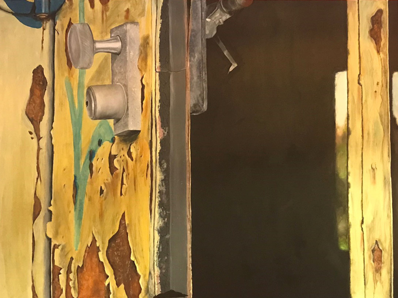 Painting of an old and damaged door.