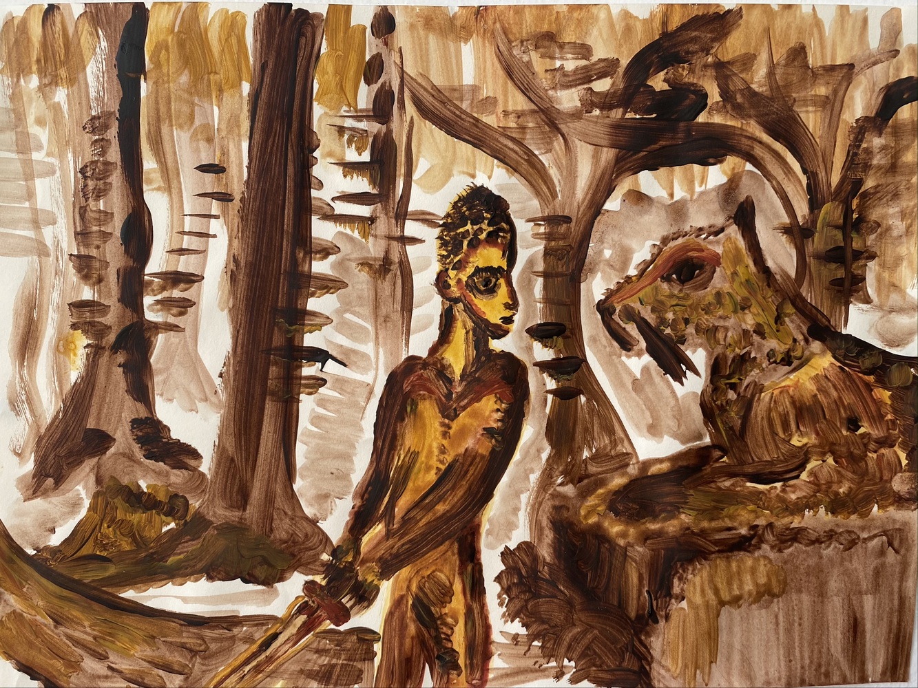 painting of man and large beast in a forest clearing