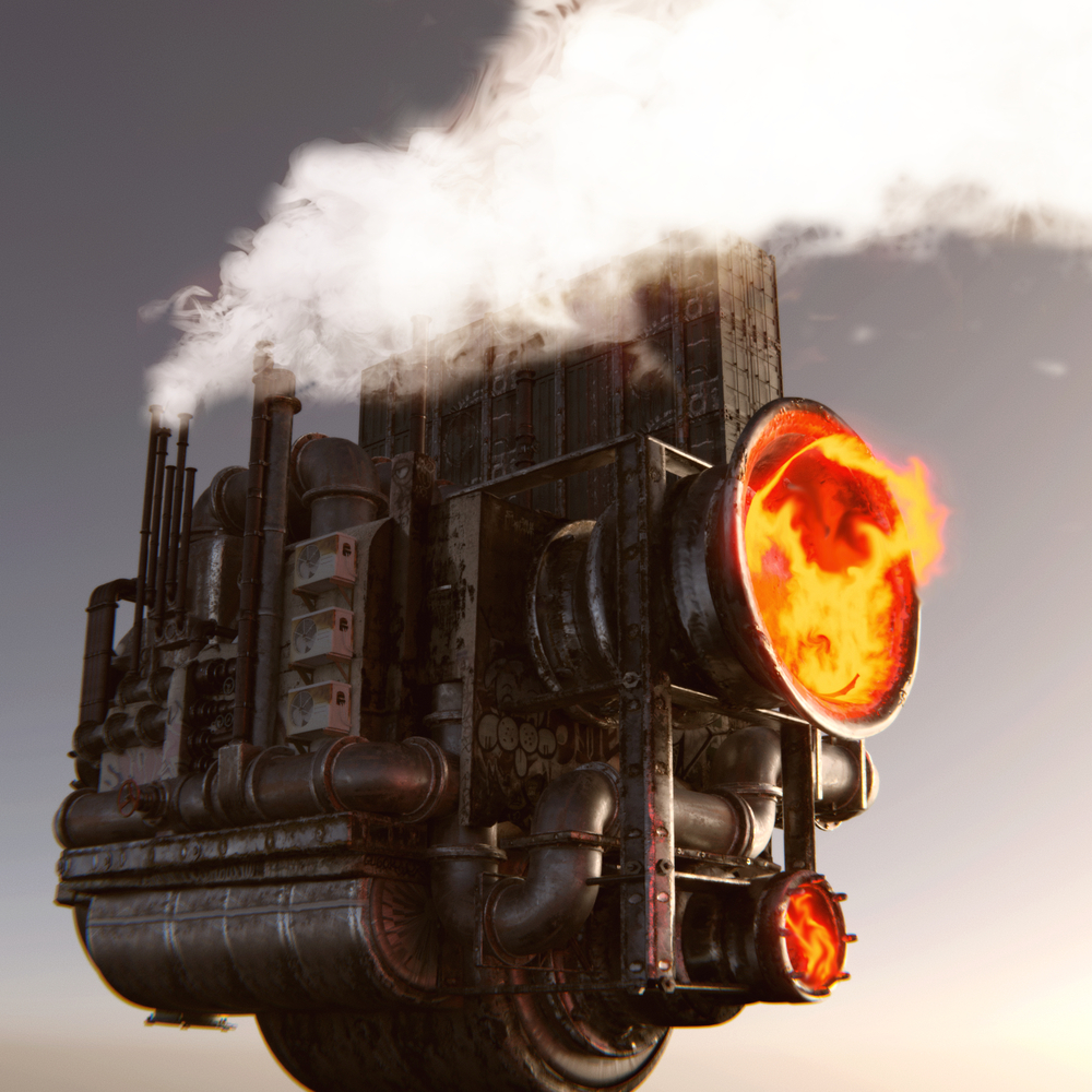 a steam-punk-esc ship with smoke billowing out of the funnels 