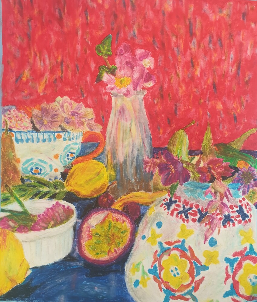 Still life containing a range of ceramics of different sizes and colour (such as tea cups, bowls, bottles and ramekins). Within the ceramics are all different bright flowers with a range of fruit weaved within the ensemble. The background is a deep red with specs of other colours within.